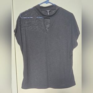 Buffalo David Bitton Black Short Sleeve Top with Embroidered Bird